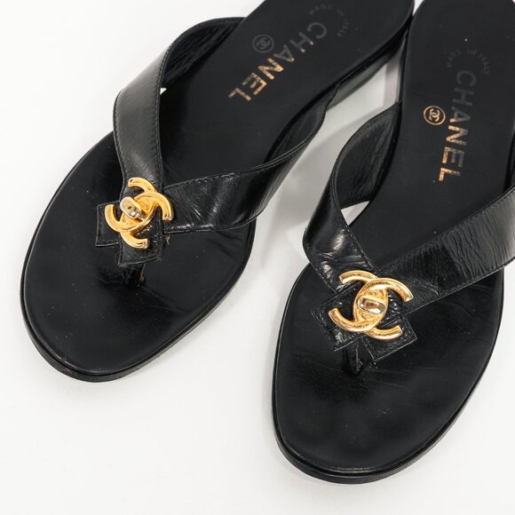 Chanel 96P Black Leather CC-Turnlock Flip Flips - Picture 7 of 10